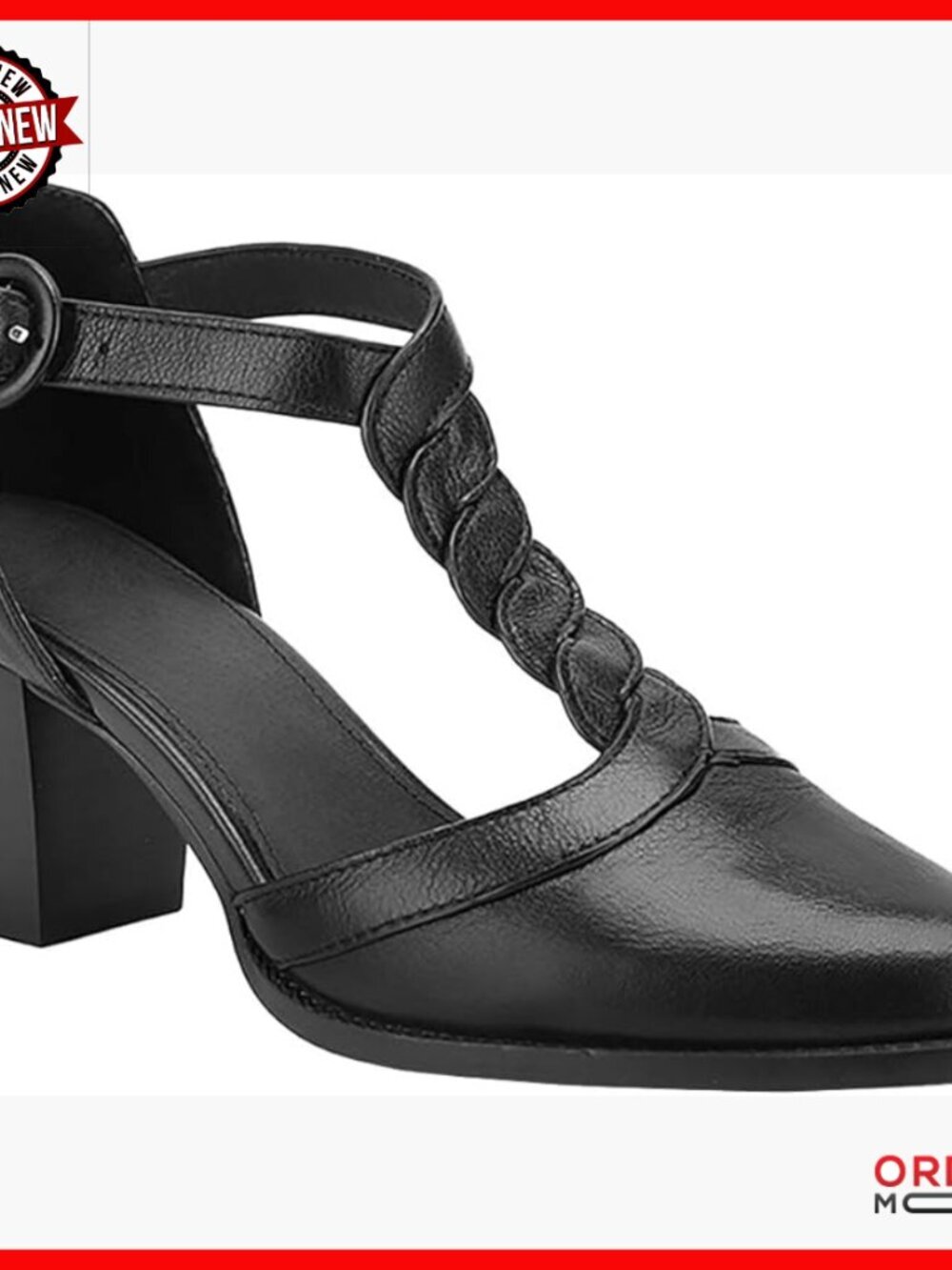 Chunky Block Heel Pumps with T-Strap, Pointed Toe, Adjustable Buckle